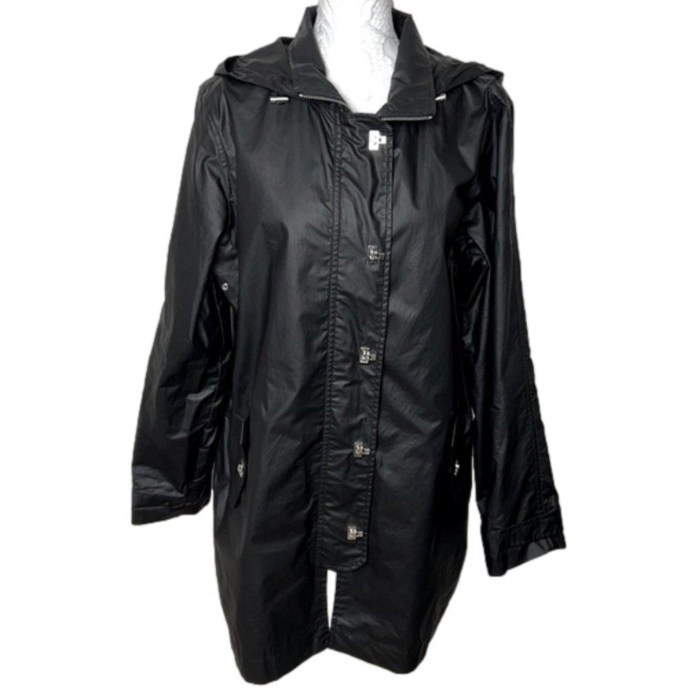 Jones New York Women's Black Hooded Metal Clasp Rain Jacket Coat - Size Medium